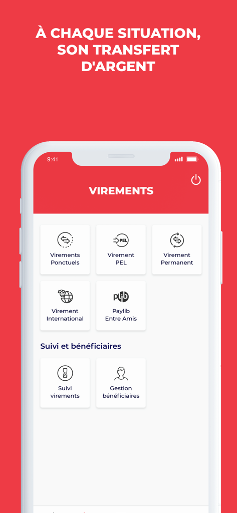 L'Appli SG mobile interface showing various money transfer options including international and recurring payments.