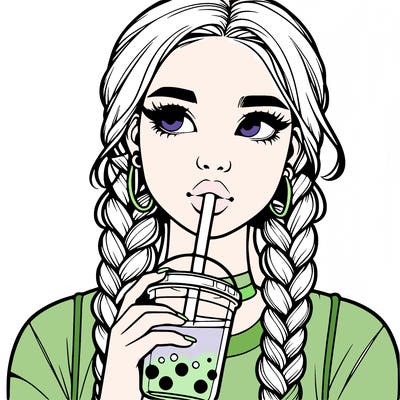 realistic girl with braided hair drinking boba