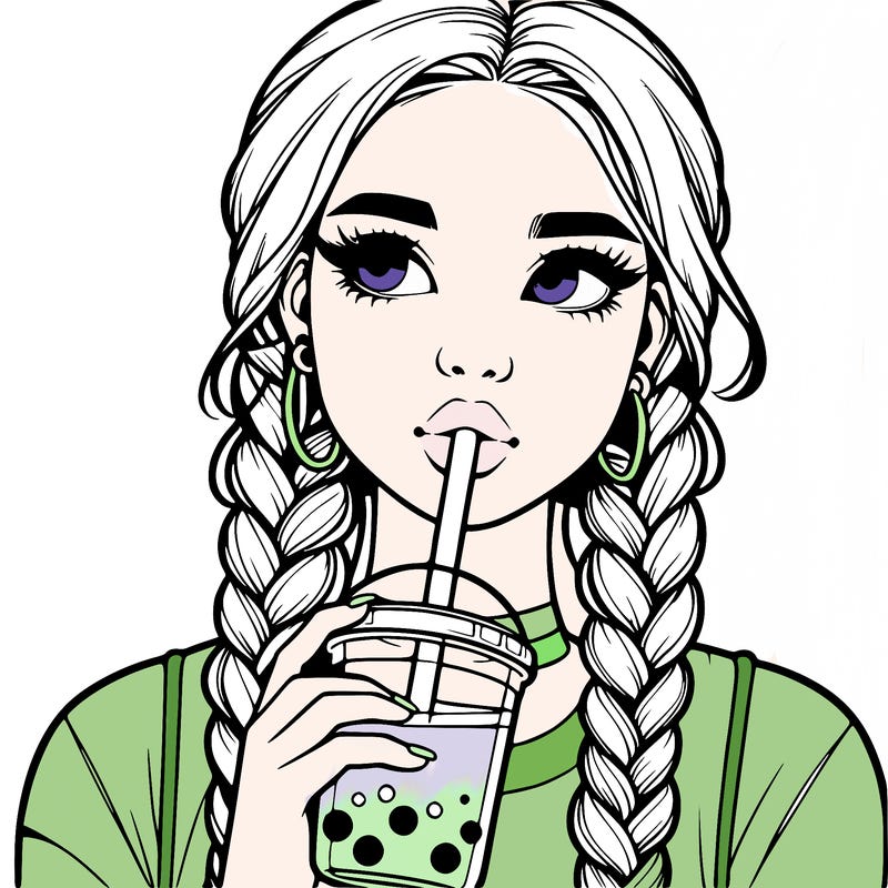 realistic girl with braided hair drinking boba