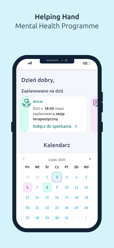 Helping Hand Mental Health App - Mobile interface of the Helping Hand app showing a scheduled therapy session and a monthly calendar