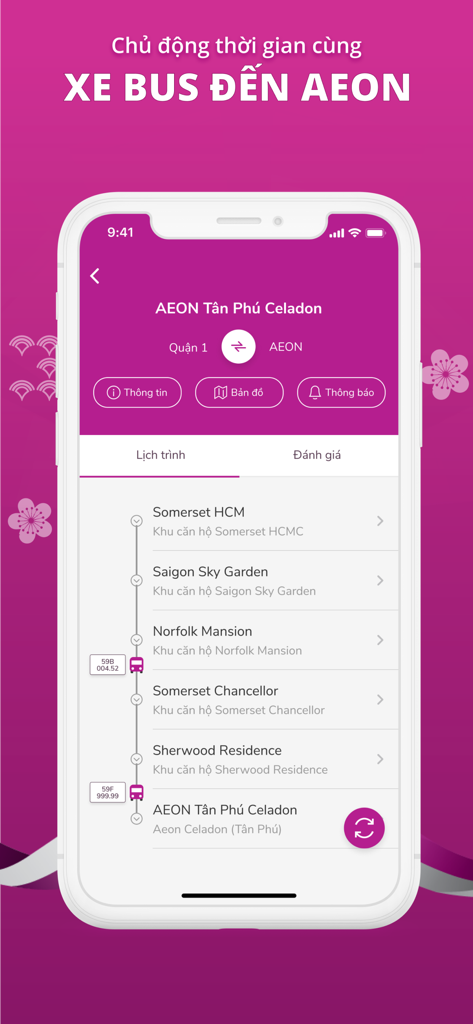 AEON Vietnam - Pantalla móvil de la aplicación AEON Vietnam que muestra horarios y rutas de autobuses al centro comercial