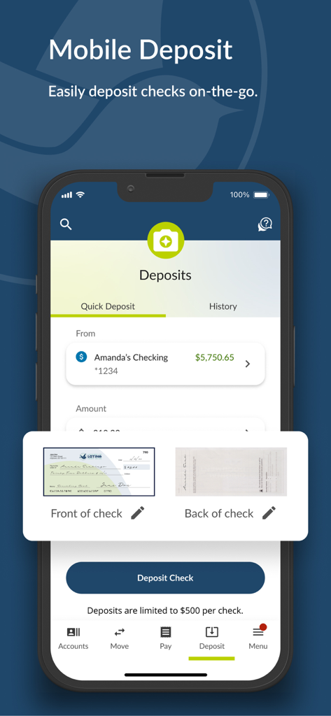 Latino Community Credit Union - Interface of the Latino Community Credit Union mobile app showing the mobile check deposit feature