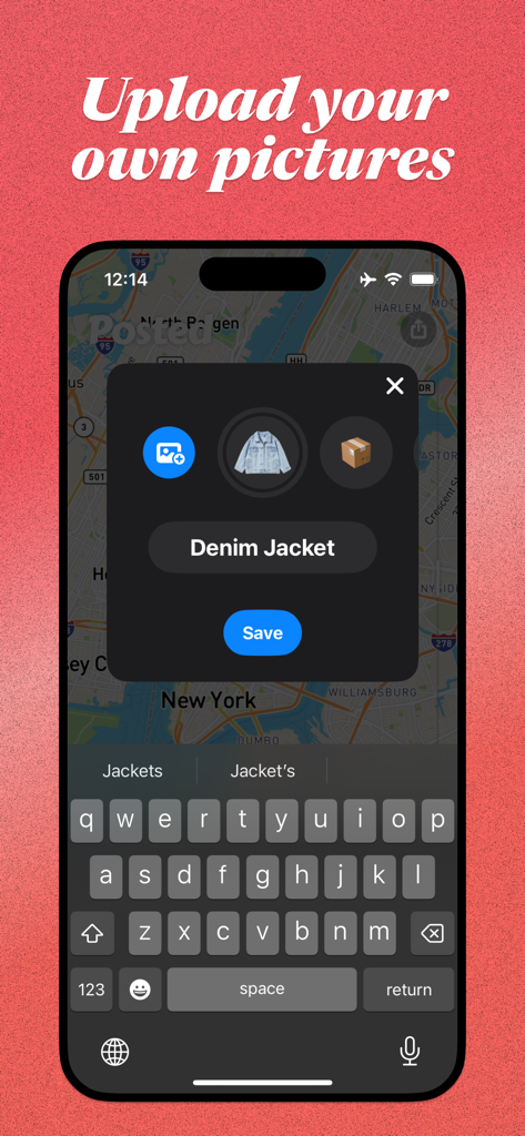 Posted app interface showing the feature to upload personal photos for tracked packages like a denim jacket over a live map.