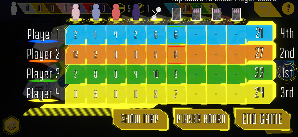 Maglev Metro - A digital scoreboard showing the final rankings and points for four players in the Maglev Metro game.