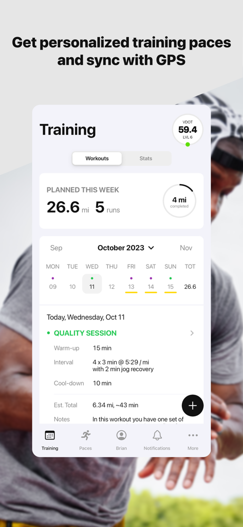 V.O2: Running Coach - VO2 app dashboard showing a personalized running training plan and workout paces