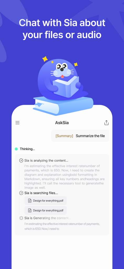 AskSia - Interfaz de la aplicación AskSia mostrando a la IA resumiendo un documento PDF y generando una respuesta de estudio