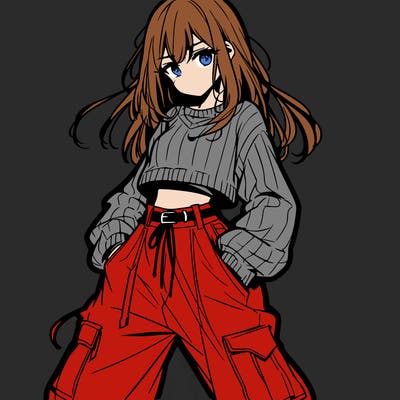 anime teen girl with baggy pants and crop top with sweater