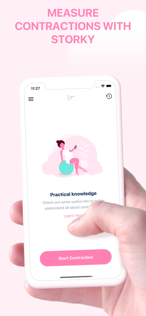 Storky mobile app interface showing a large pink Start Contraction button and an illustration of a pregnant woman