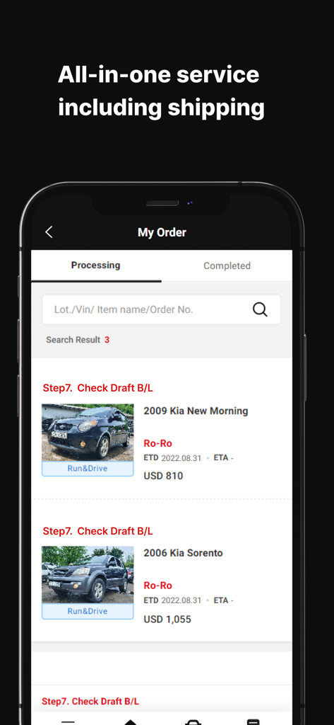 Interface of Auctionwini app displaying order processing status and shipping details for imported Korean cars