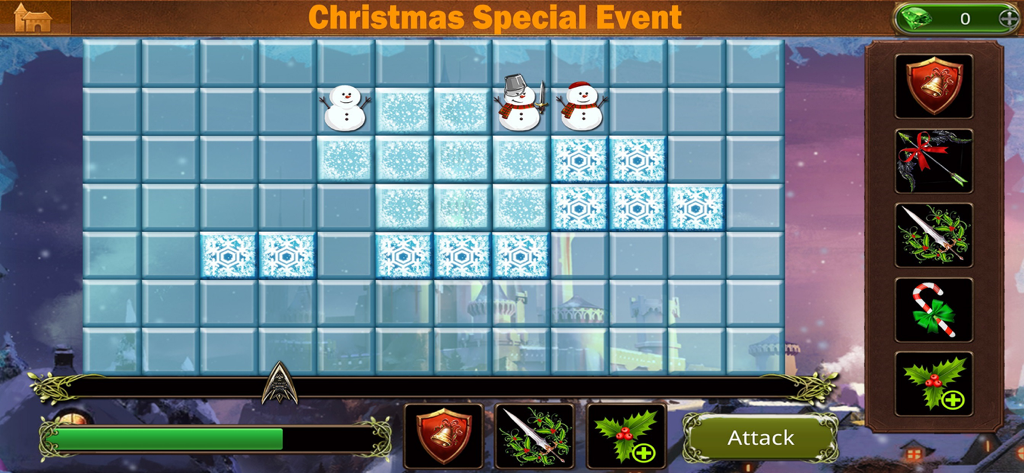 Heroes of Camelot - A gameplay screenshot of Heroes of Camelot featuring the Christmas Special Event with a winter-themed grid and snowmen icons.