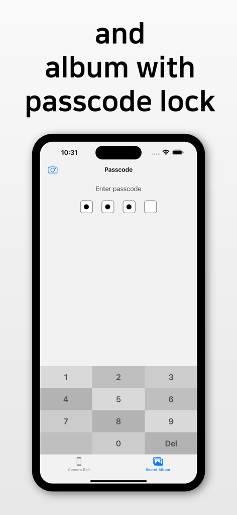 Interface do aplicativo MiraCamera mostrando uma tela de bloqueio de senha para o recurso de álbum de fotos secreto privado