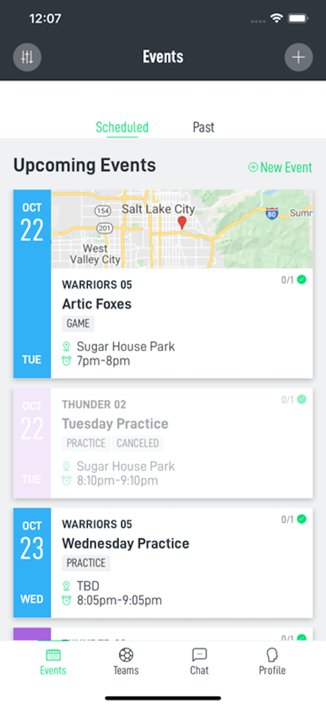 Ollie - Team/Club Management - Ollie app dashboard showing upcoming sports games and practice schedule