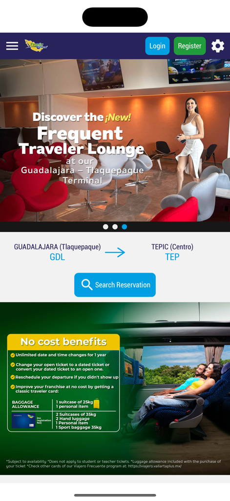 Tepic Plus app interface showing Guadalajara to Tepic bus booking and traveler loyalty benefits.