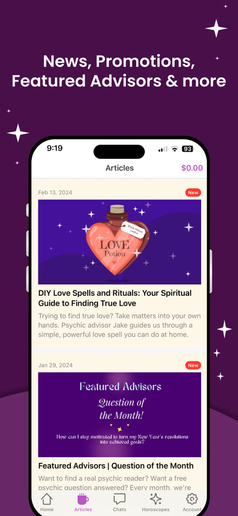 Zodiac Psychics: Tarot Reading - Zodiac Psychics app Articles screen featuring spiritual blog posts and featured advisors
