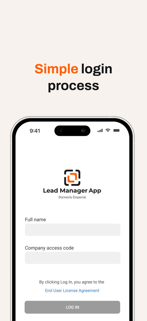 RX Lead Manager (Emperia) - RX 리드 매니저 Emperia 앱 로그인 화면, 전체 이름 및 회사 액세스 코드 입력란 표시