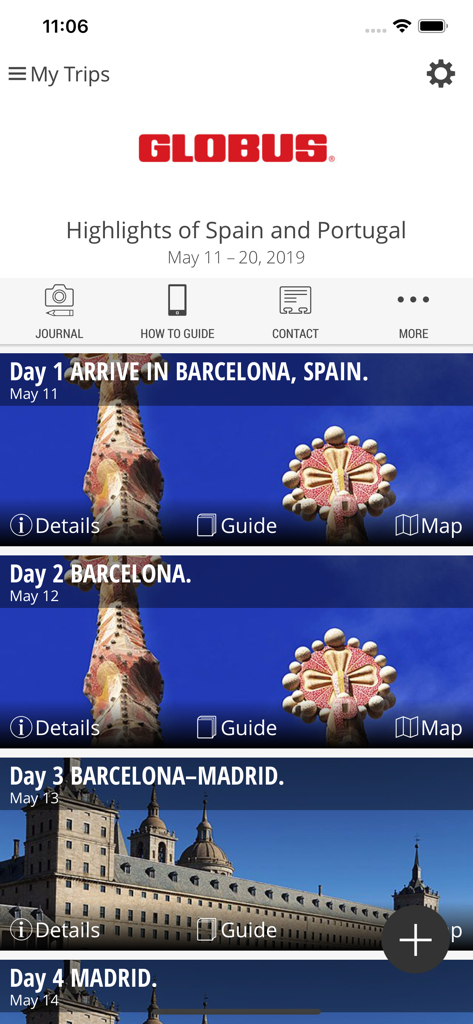 GlobusGO - Aplicación GlobusGO mostrando un itinerario de viaje diario para un recorrido por lo mejor de España y Portugal