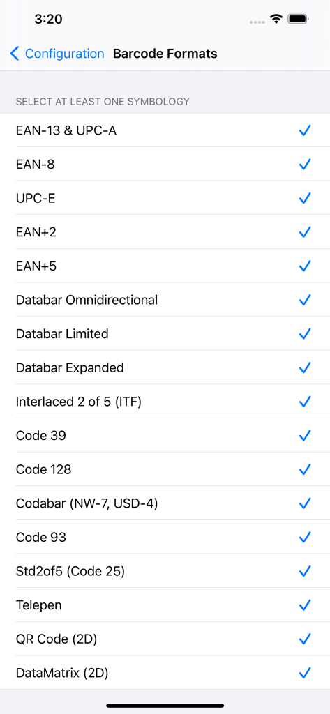List of selectable barcode symbologies including EAN UPC Code 128 and QR in the pic2shop PRO app settings screen
