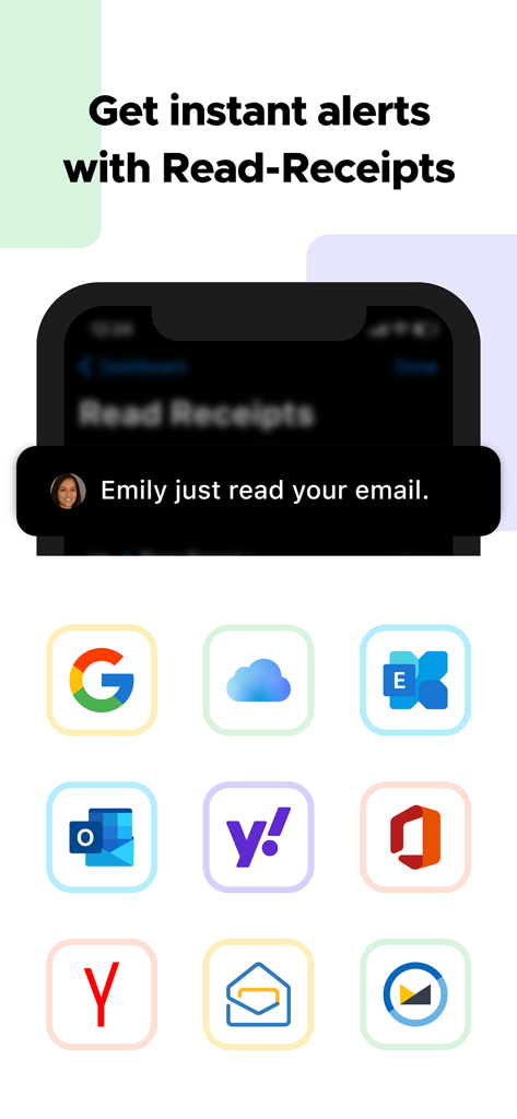 Canary Mail app interface showing read receipt notification and icons of supported email providers like Gmail and Outlook