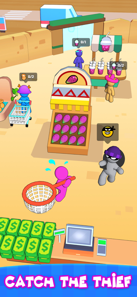 A pink character uses a net to catch a masked thief in the My Mini Mart supermarket game.