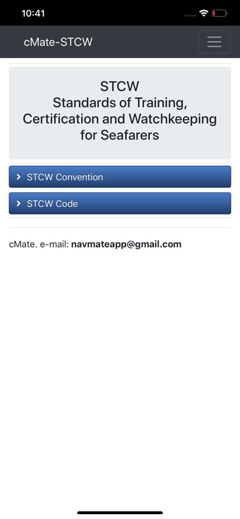 cMate-STCW - Home screen of the cMate-STCW app displaying navigation buttons for the STCW Convention and STCW Code