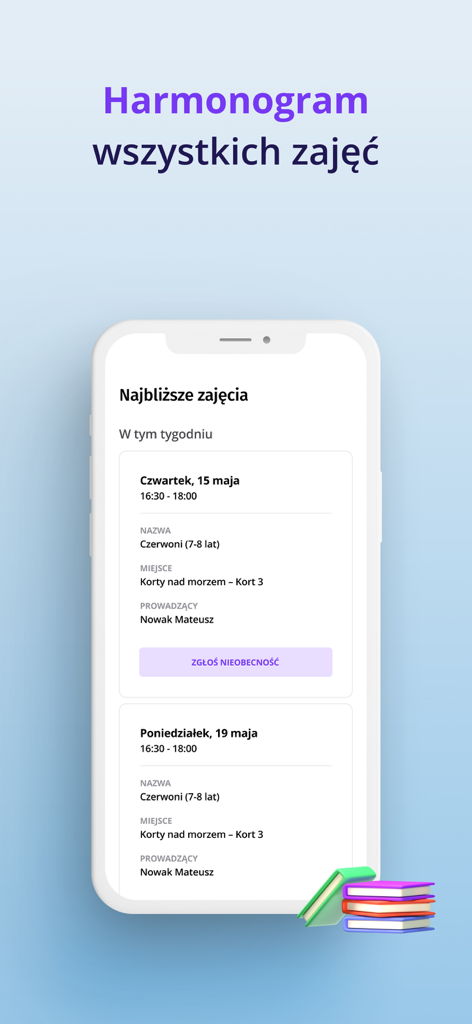 ActiveNow mobile app interface displaying a detailed weekly schedule for extracurricular activities and a report absence feature.