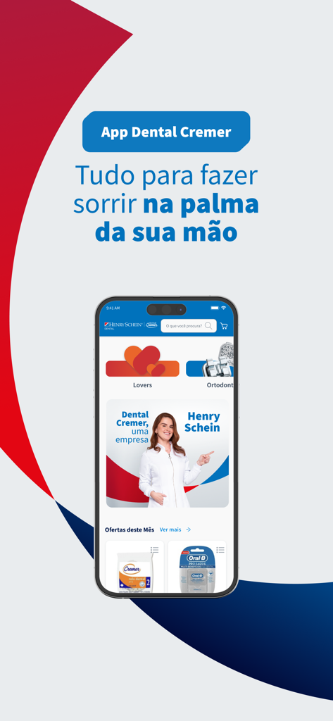 Smartphone screen displaying the Dental Cremer app with various dental products and categories