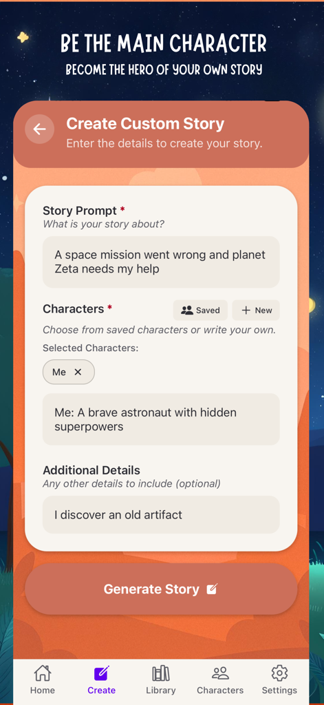 The Create Custom Story screen in the Storytize app where users enter plot details and characters.