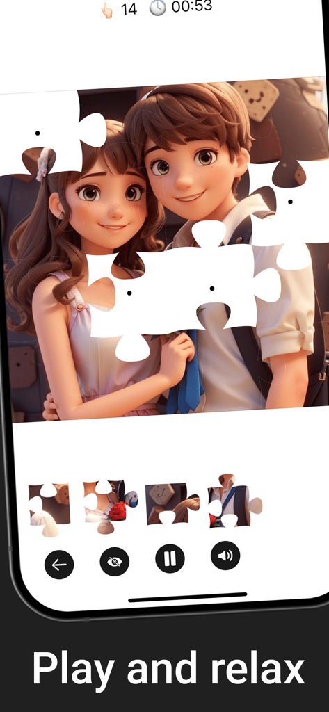 Jigsaw Puzzles - Relaxing Game - Jugabilidad de la aplicación móvil de un rompecabezas con una linda pareja animada