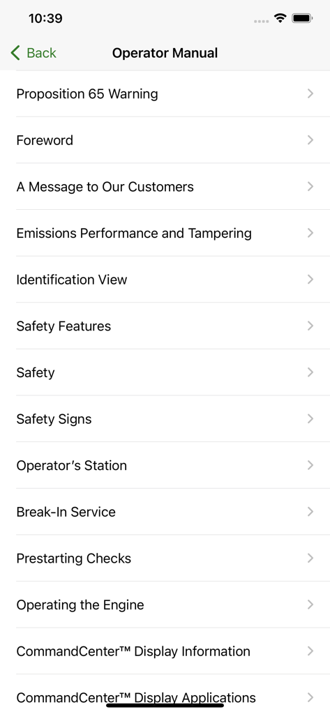 Menu de sumário do manual do operador John Deere