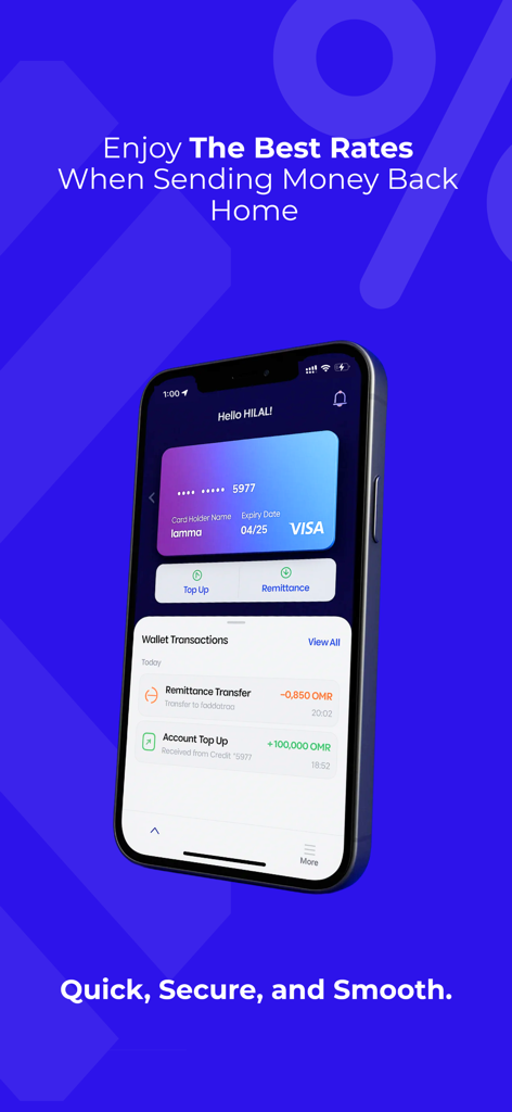 OMPAY - OMPAY mobile app showing digital wallet transactions and international money transfer options.