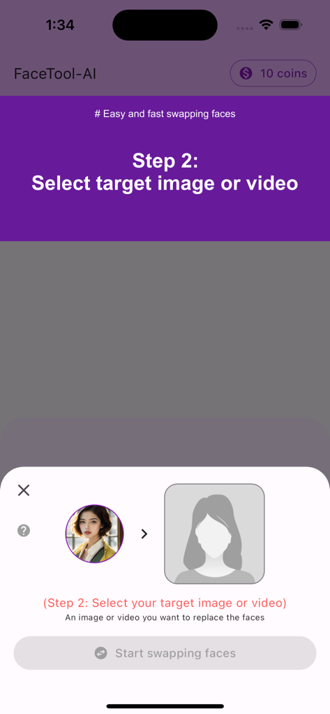 Captura de tela de um aplicativo móvel do FaceTool mostrando o segundo passo para selecionar uma imagem ou vídeo de destino para troca de rosto.