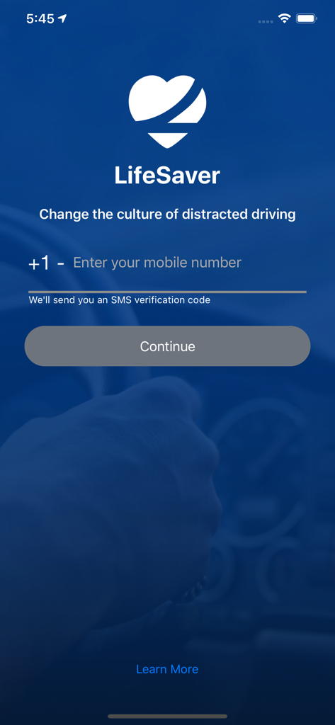 LifeSaver - Distracted Driving - LifeSaver app login screen with mobile number entry field and continue button.