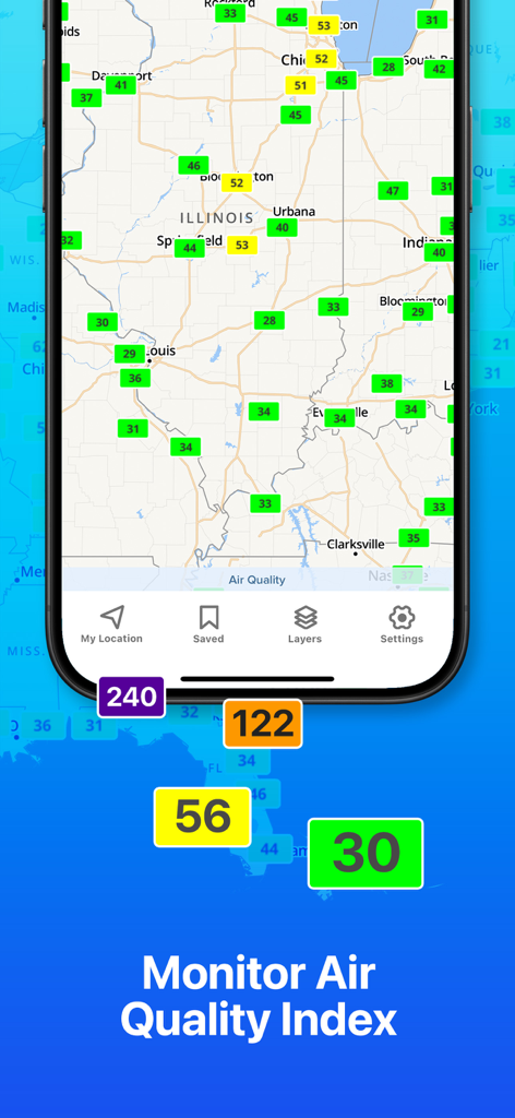 Un mapa de la aplicación meteorológica móvil que muestra los niveles del índice de calidad del aire con puntos de datos codificados por colores en un mapa regional