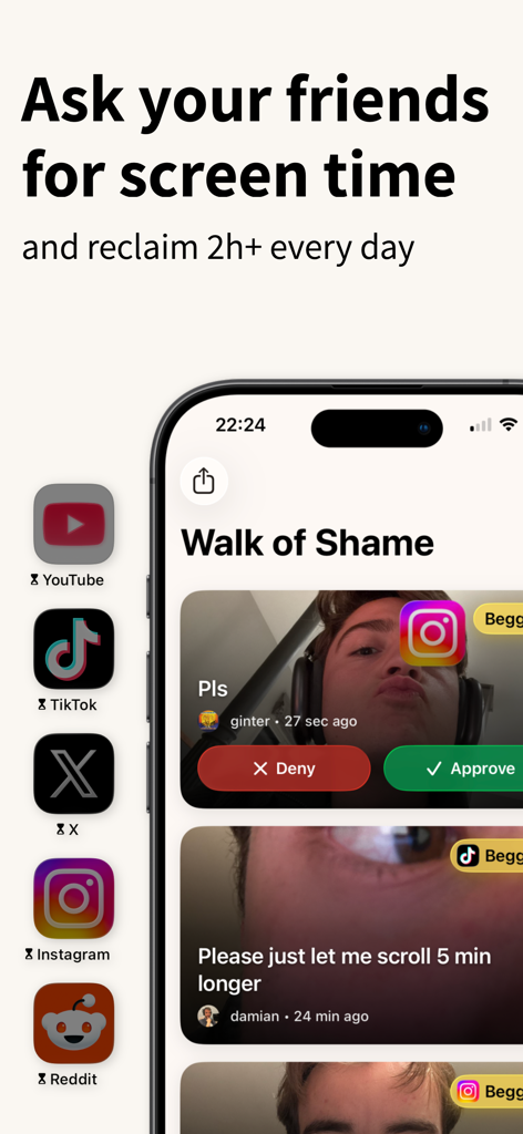 Useless - Screen Time Control - Interface of the Useless app showing a social feed called Walk of Shame where friends vote to approve or deny requests for extra screen time