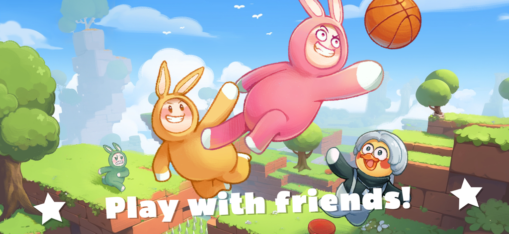 Super Jump Man - Colorful bunny and chicken characters jumping in a cartoon landscape with the text Play with friends