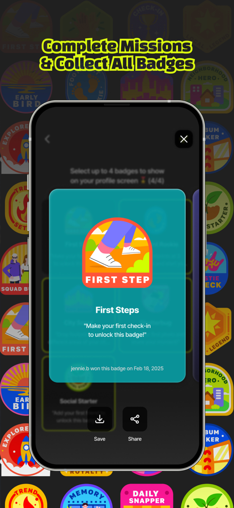 Lalatok: Map-Based Social App - Pantalla de la aplicación Lalatok que muestra la insignia Primeros Pasos y la interfaz de colección de insignias con un sistema de misiones gamificado.