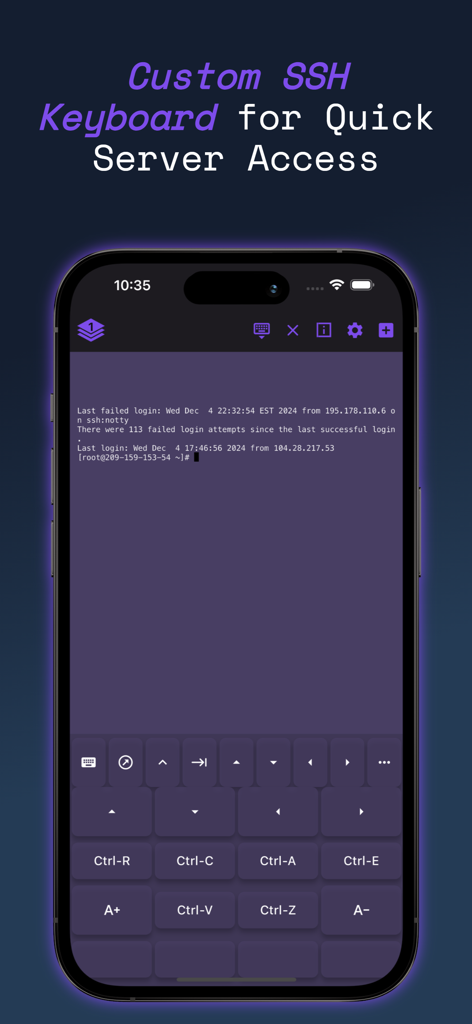 Termux - Termux iOS app displaying a custom SSH keyboard with terminal shortcuts for server management