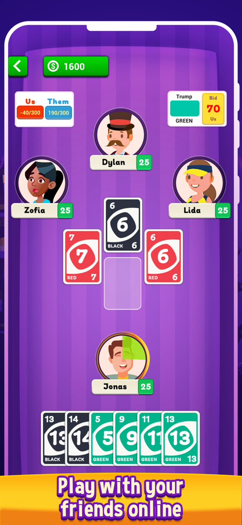 Blackbird: Family Card Game - Blackbirdカードゲームの4人用オンラインマッチ。アバター、現在の入札、トリックテイキングのゲームプレイが特徴です。