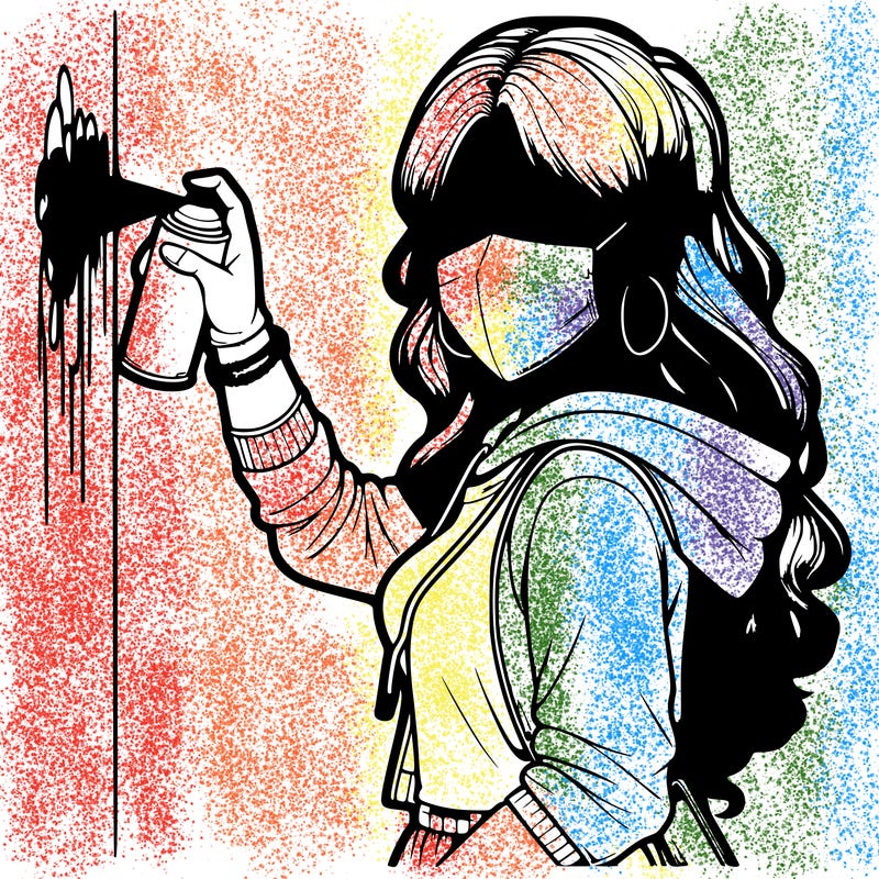 realistic girl with mask spray painting a wall