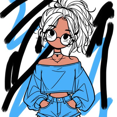 girl with a messy ponytail glasses a baggy crop top and jean shorts