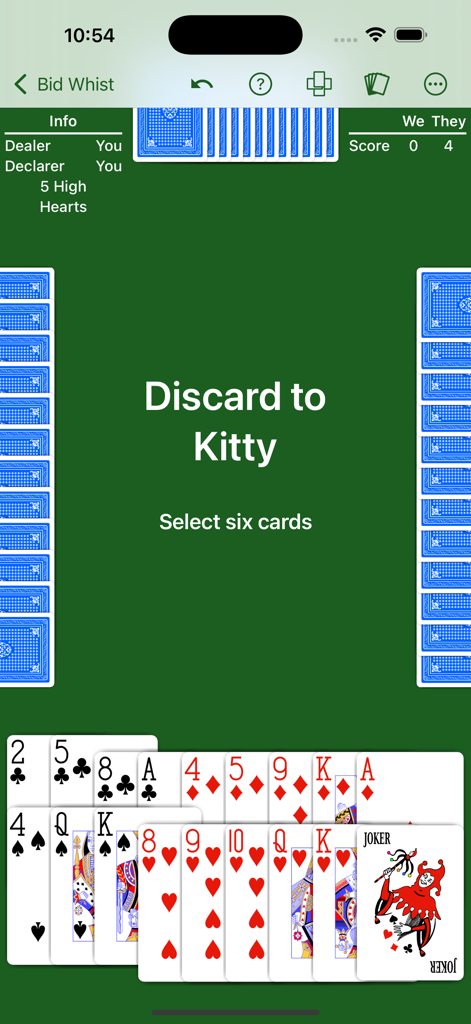 Bid Whist - Expert AI - Bid Whist Expert AI mobile app gameplay showing the discard to kitty screen and player card hand