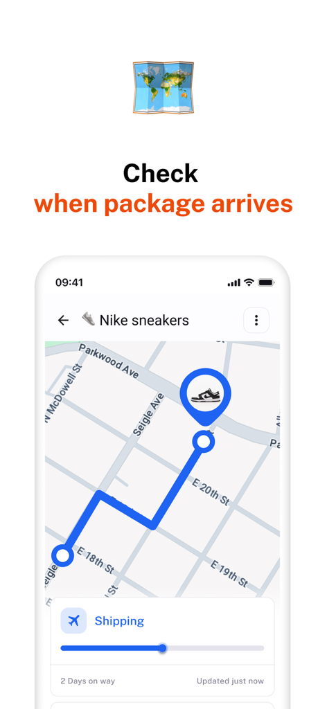 Package Tracker － Packy - Smartphone screen showing a real time map with a delivery route and a sneaker icon for a package location
