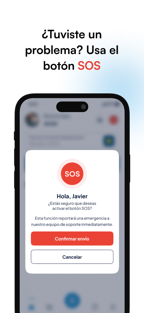 Mobile app screen showing the emergency SOS button feature for parking support in Spanish.