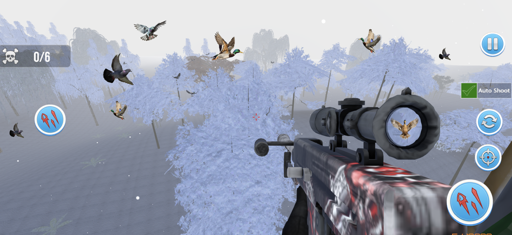 Hunting Games Bird Hunter 2025 - First-person sniper view aiming at flying ducks in a snowy forest landscape within a hunting simulation game.