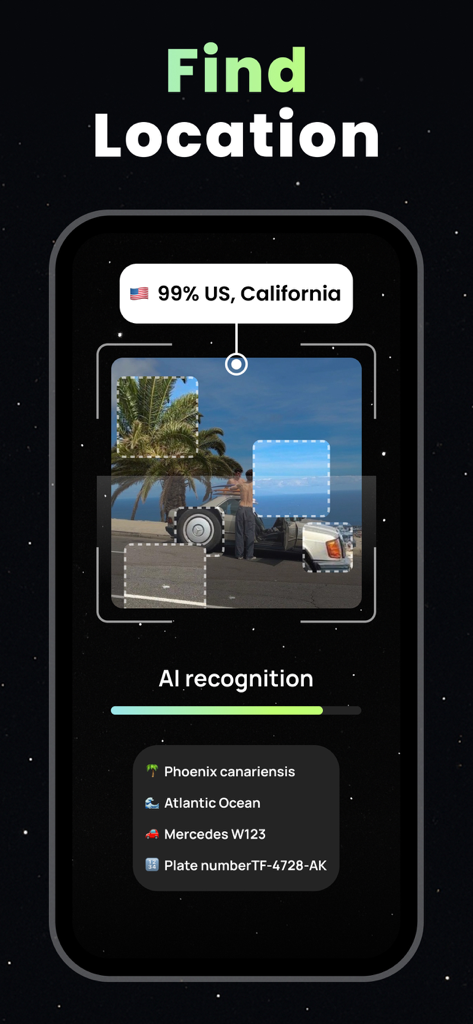 Pinzy: Photo Location Finder - Smartphone screen showing Pinzy app using AI to identify a photo location in California by analyzing objects like palm trees and vintage cars.
