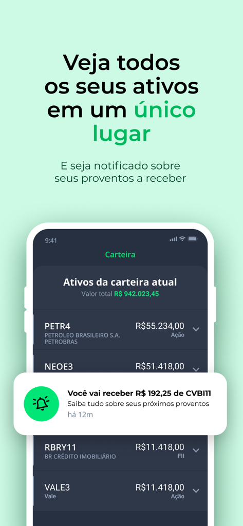 Una interfaz móvil de la app Grana que muestra una cartera de inversión con acciones brasileñas y una alerta de notificación de dividendos.