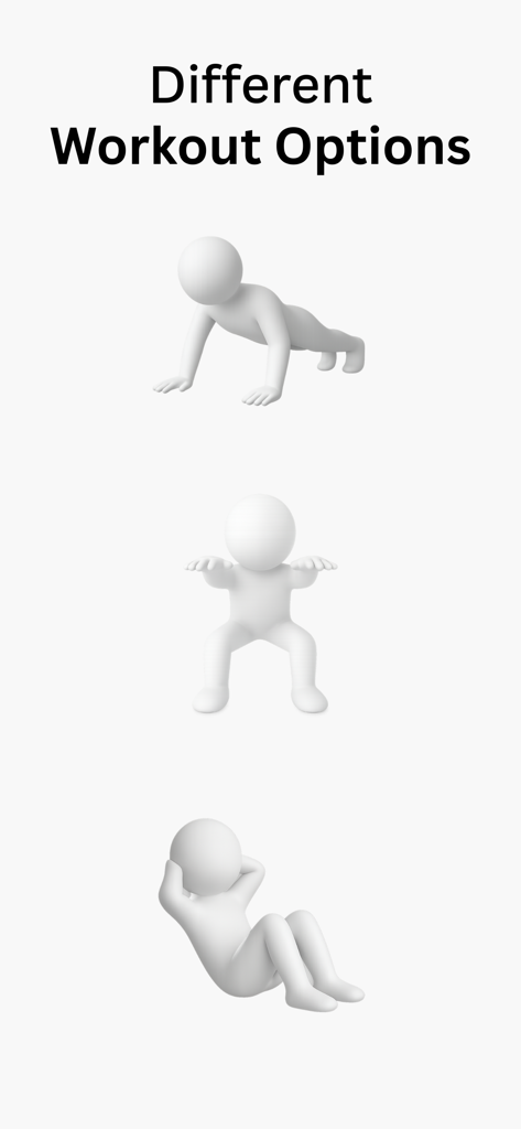 Three 3D characters illustrating different workout options like push ups squats and sit ups