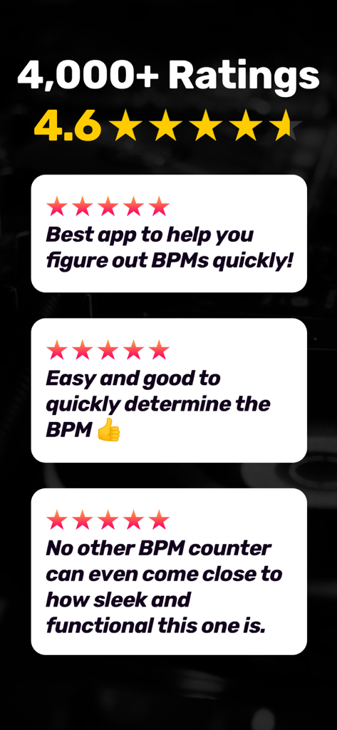 BPM Counter App ∎∎ EDM BPM - Nutzerbewertungen und Sterne-Ratings für die BPM Counter EDM App, die Schnelligkeit und Funktionalität hervorheben