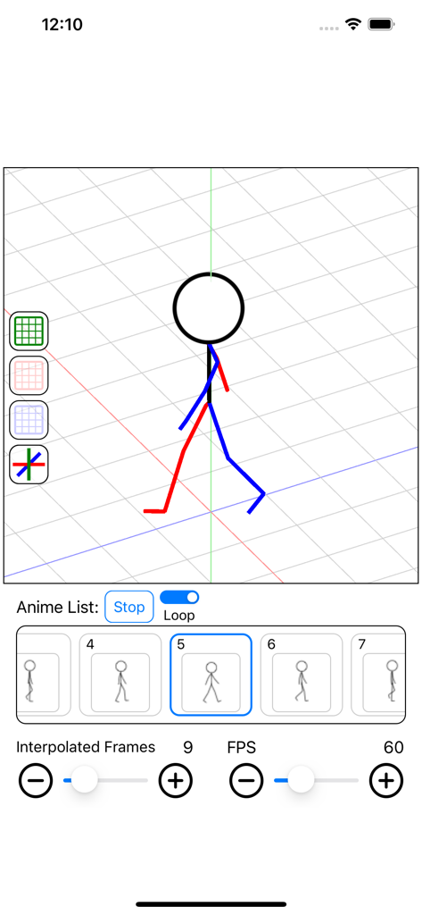 Stick Figure 3D Pose - Timeline di animazione di Stick Figure 3D Pose che mostra un manichino che cammina e impostazioni dei fotogrammi