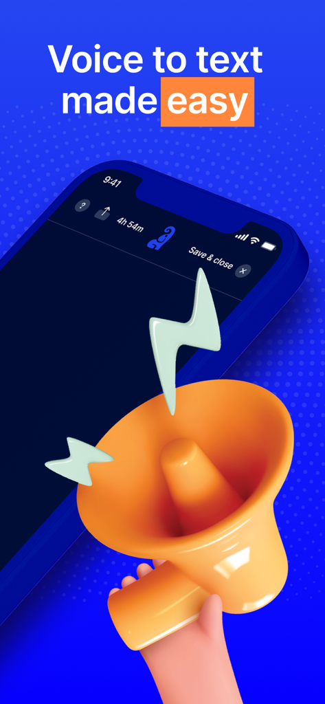 Captura de tela do aplicativo Live Transcribe mostrando a facilidade de voz para texto com uma ilustração de megafone laranja